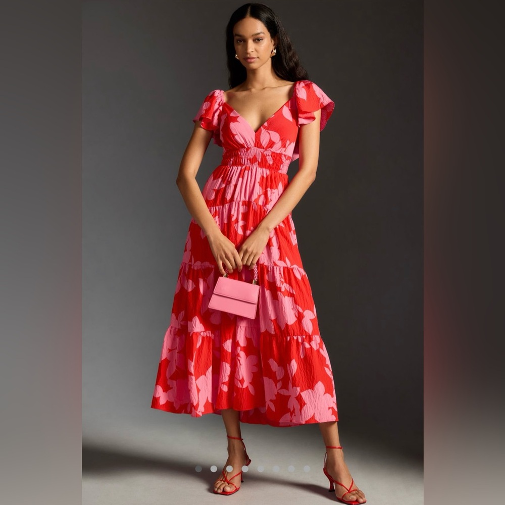 Anthropologie The Silverlake Flutter-Sleeve Dress in Red-Pink, Size L